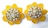 Unique Vintage Yellow Enamel Sunflower Earrings with AB Rhinestone Centers Sunflower