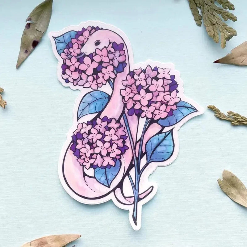 Snake and Pink Hydrangeas Sticker - Clear Vinyl Hydrangea