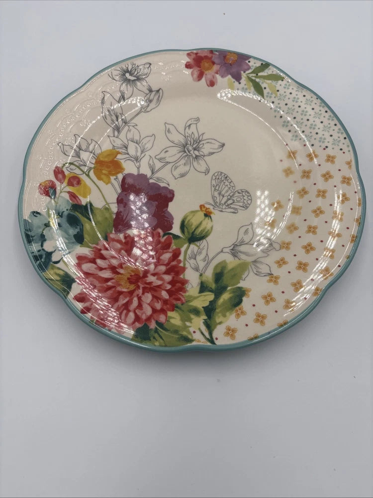 Pioneer Woman 10-inch teal floral dinner plate with bouquet and butterfly design