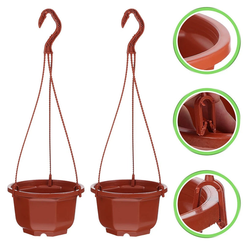 Hanging plastic plant pot planter with hook and rope strap, terracotta red
