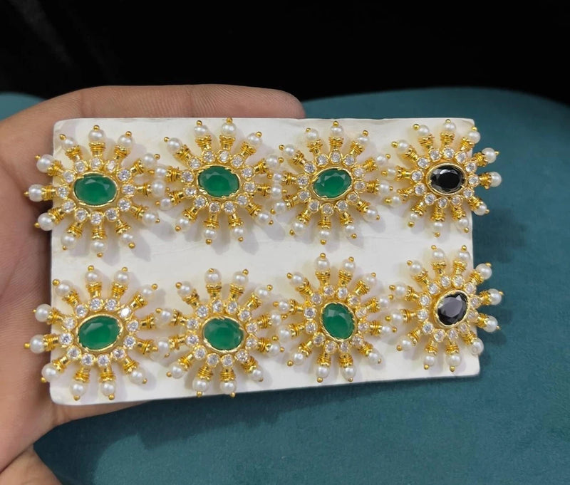 Sunflower stud earrings, gold-tone with pearl beads and green and black center stones