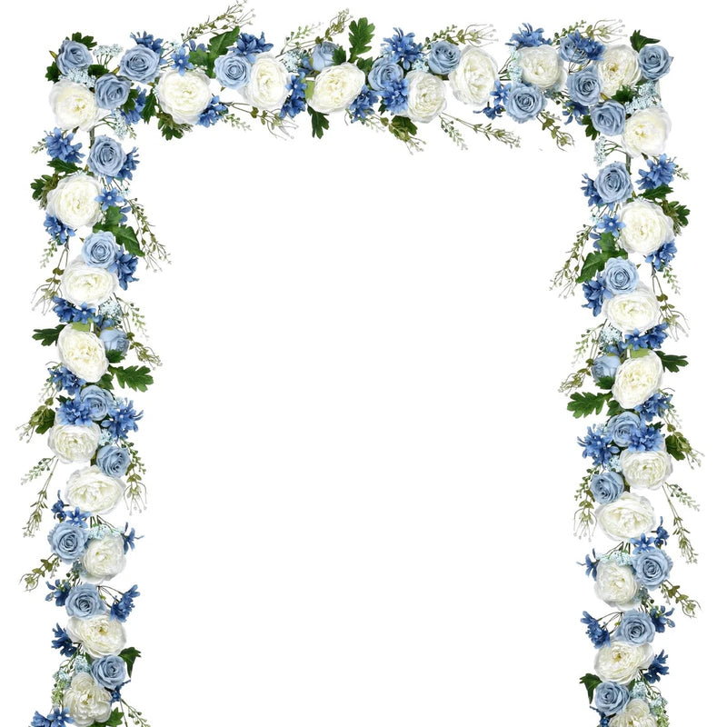 Blue and white silk peony flower garland with layered blooms and green leaves