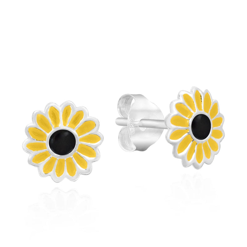 Sunflower stud earrings with yellow enamel petals, black center, and silver posts