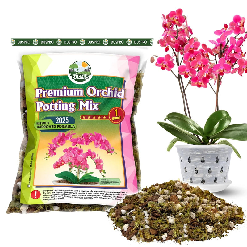 Orchid potting mix bag, 1 quart, with label and visible potting material pile.
