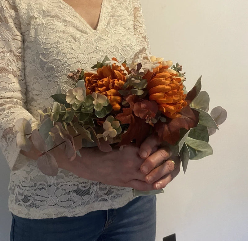 Bridal Wedding Bouquet Hand made Budget Handmade Faux Flowers Orange Red Yellow Bouquet