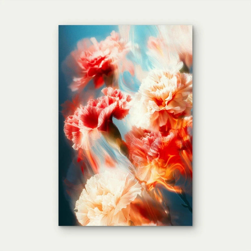Carnation flower wall art poster with close-up pink, peach, and white blooms