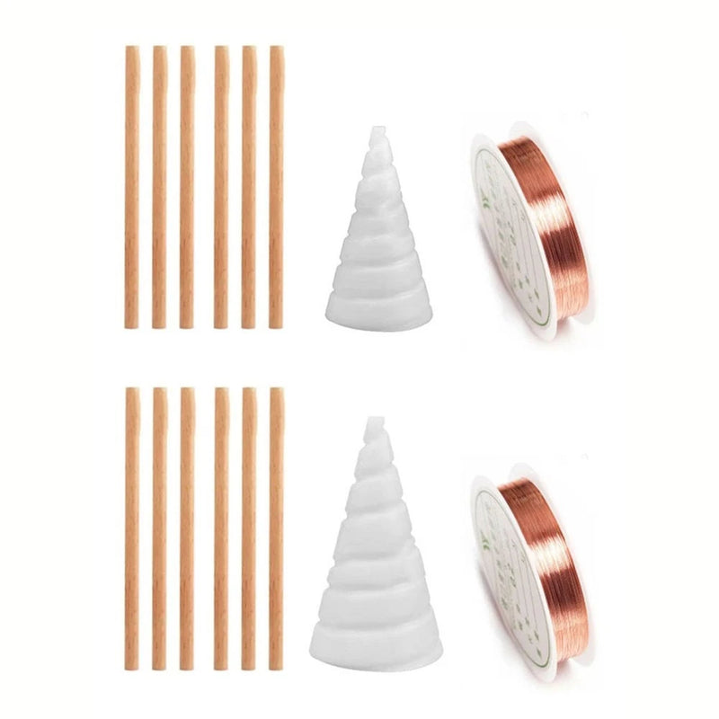 Copper wire spool with straight copper wire pieces and white conical garden stakes