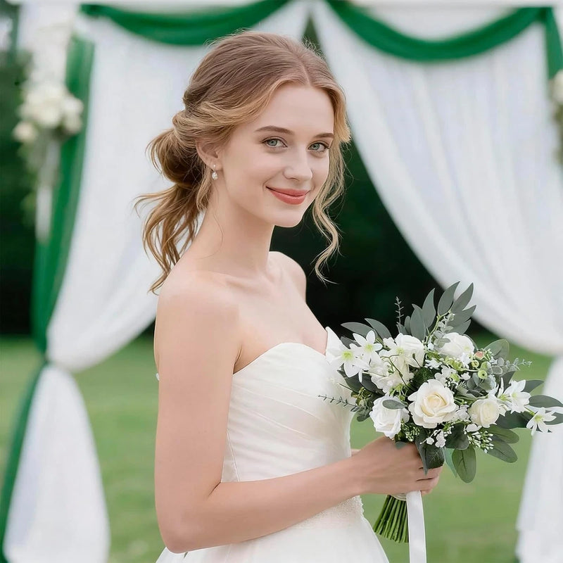 Artificial eucalyptus-style greenery stems for faux floral bouquets, dark and light green