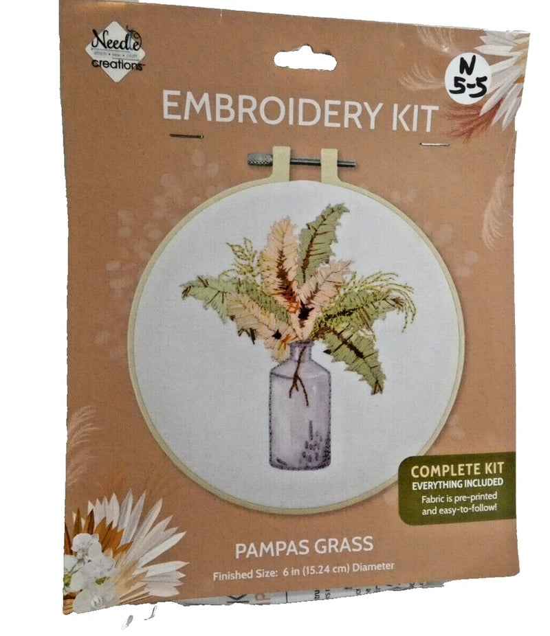 Pampas Grass DIY Embroidery KIT Complete Round Hoop Frame 6" Diameter Pampas Grass