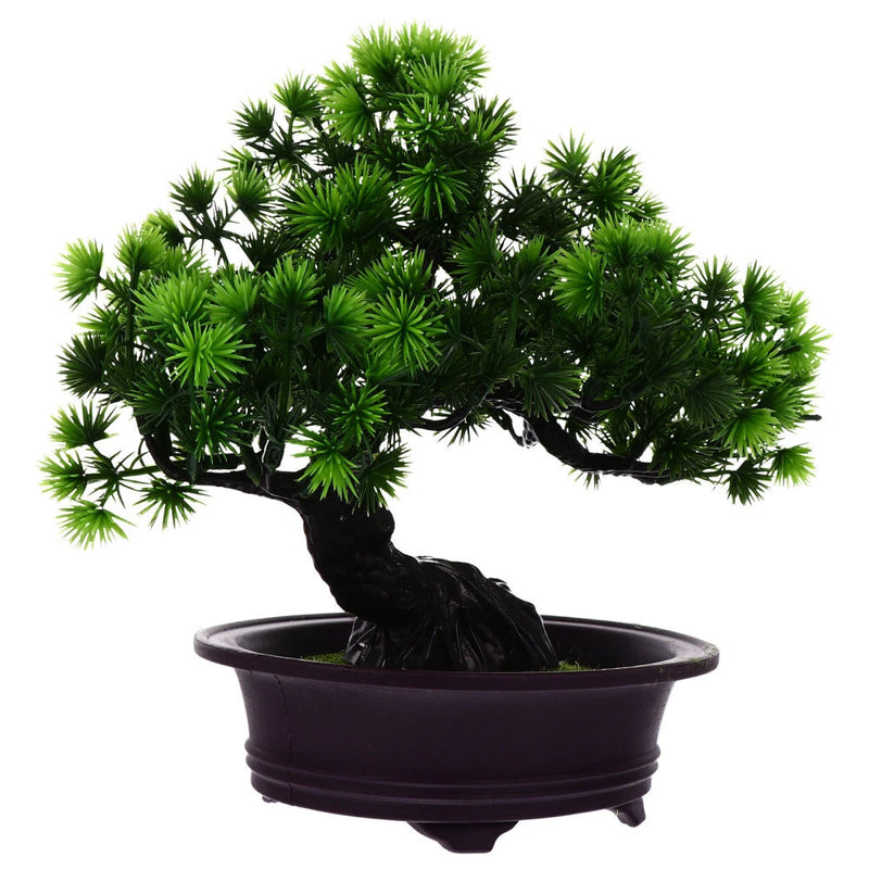 Artificial pine shrub with dark green needles in black planter pot