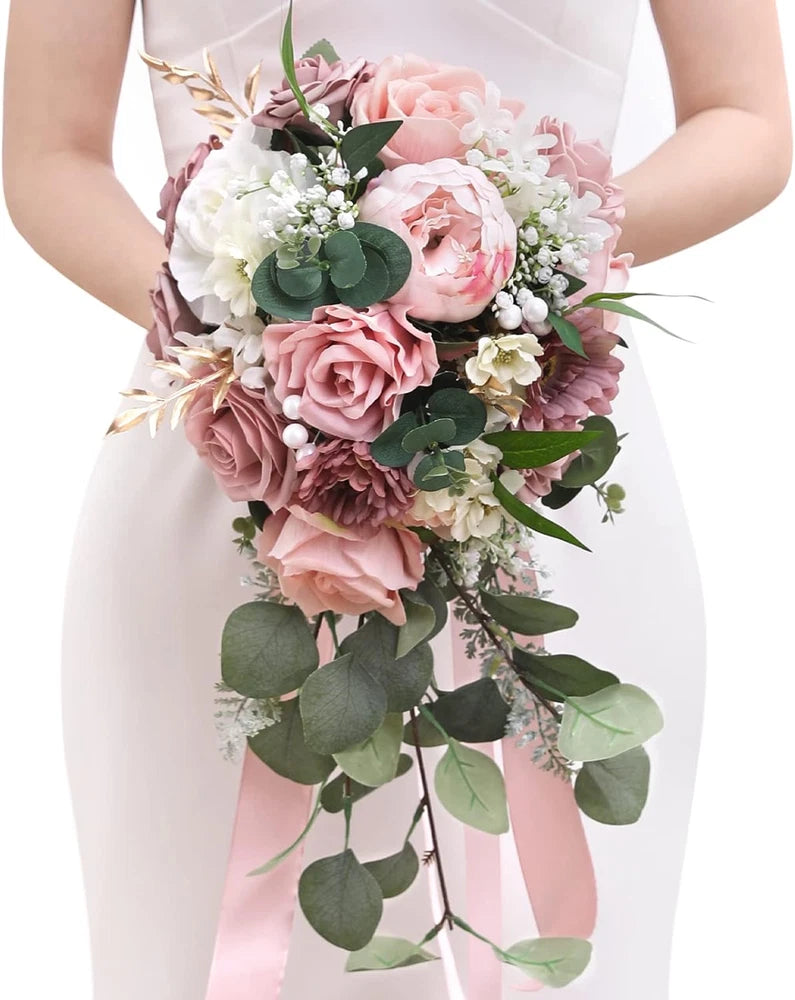 Dusty Pink Peony Wedding Bouquet for Bride & Bridesmaid - 9.8 Inch Decor Bouquet