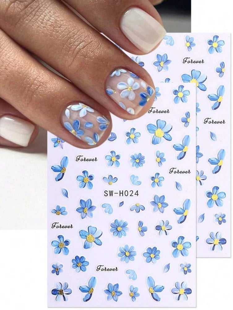 Blue Daisy Nail Art Stickers Decals Spring Summer Flower Forget-me-not Gold H024 Daisies