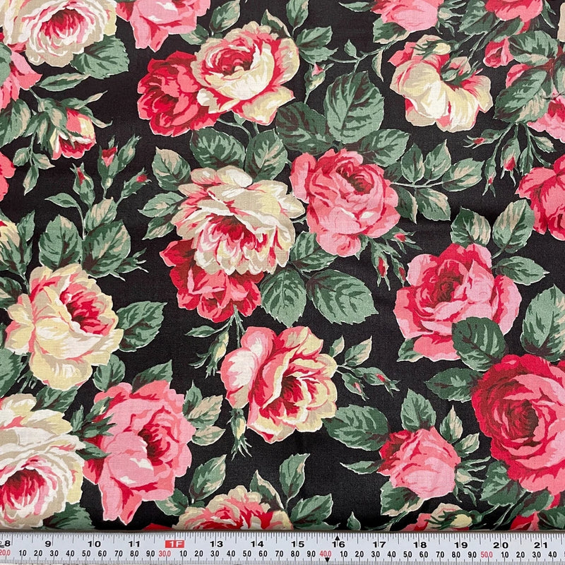 Vintage Cranston Large Florals on Black Cotton Fabric by the HALF YARD 18" x 44" Flowering Plants