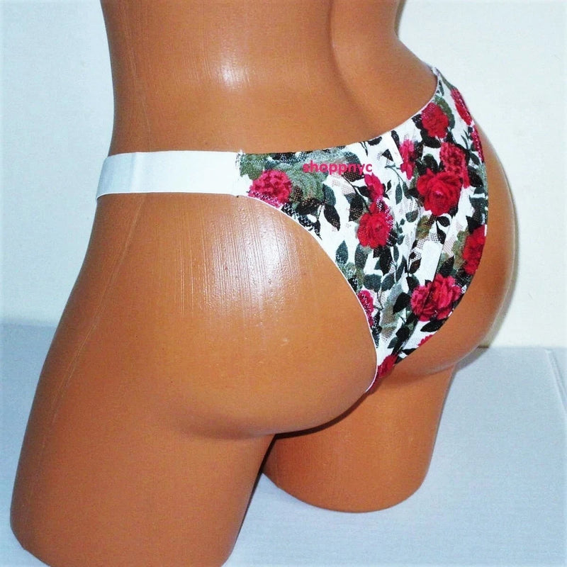 Floral lace Brazilian panty, white with red roses and black accents