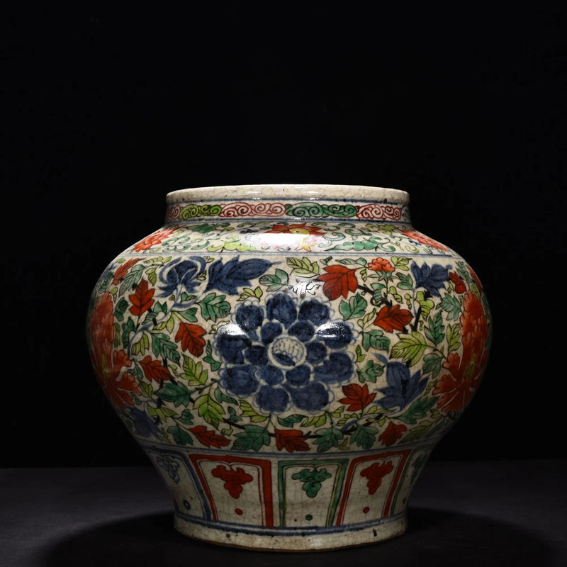Antique-style porcelain flower pot with multicolor peony floral design and blue rim