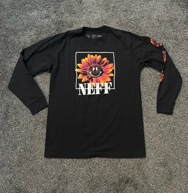 MEDIUM Neff Happy Sunflower Flower Long Sleeve Shirt Black Mens - Sleeve Print Sunflower