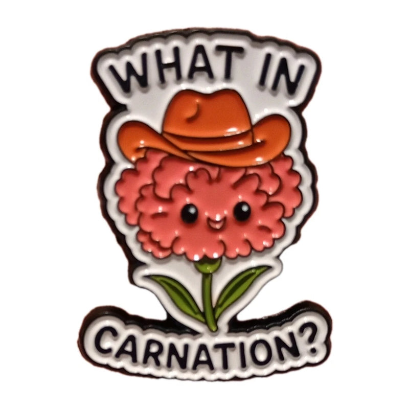 What in Carnation Enamel Metal Lapel Pin Broach Flower in Cowboy Hat Funny Humor Carnation