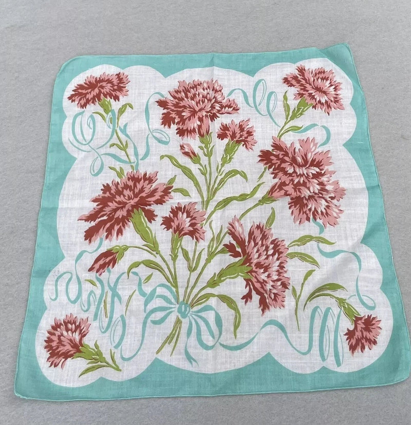 Vintage Ladies Hankies 1 Pink Carnation Floral Handkerchief  , 1 White Hanky Carnation