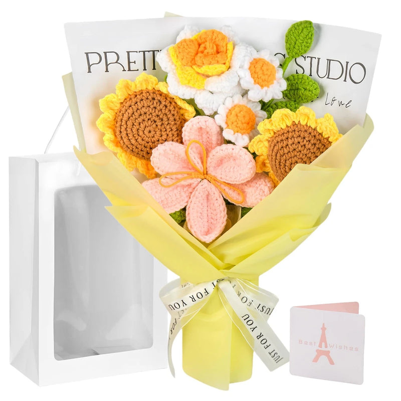 Crochet flower bouquet with yellow, orange, white and pink flowers and green leaves, gift-wrapped