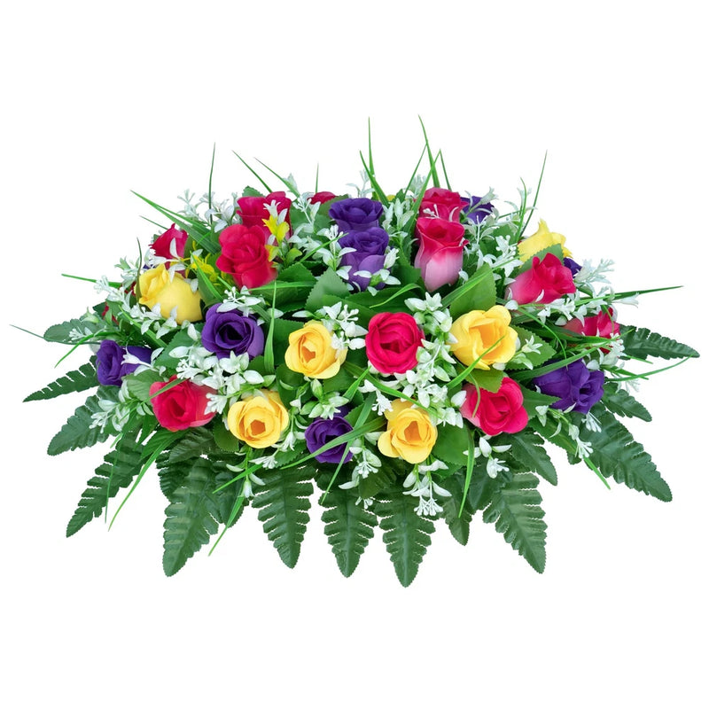 Artificial cemetery flower arrangement with multicolor roses, daisies, and green leaves