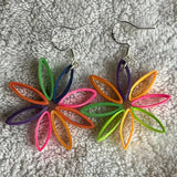 Handmade Rainbow Sun Flower Earrings, Colorful Paper Quilling Floral Dangle Sunflower