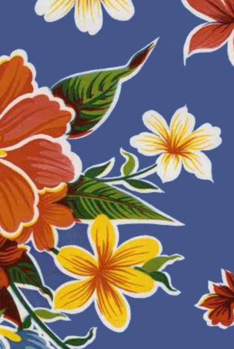 Oilcloth Fabric Tropical Hibiscus Blue Pattern Sold in Yard or Bolt Flowering Plants