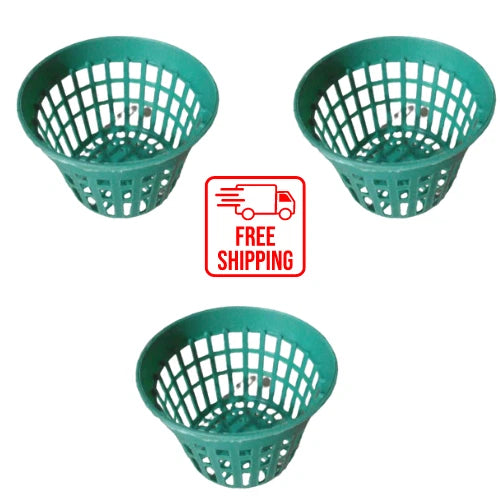 Green plastic plant pot basket with perforated grid sides and round rim