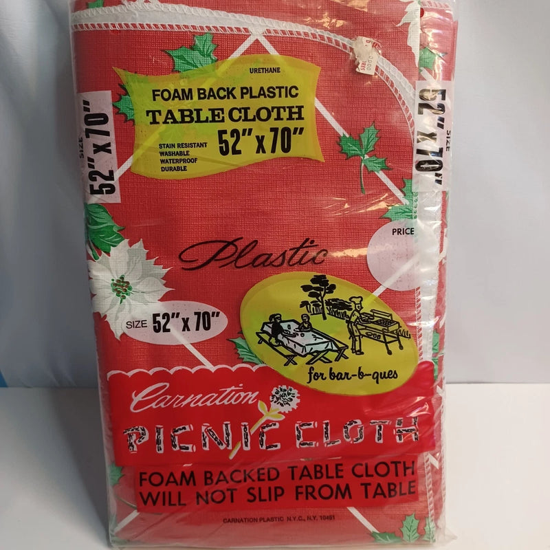 Vintage Carnation Foam Back Plastic Tablecloth Poinsettia 52_70 Open Package MCM Carnation