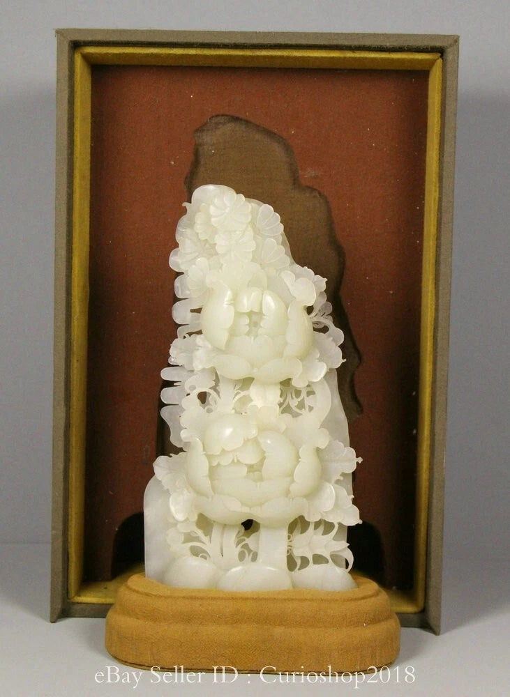 9.2" Old Chinese Hetian White Jade Carving Fengshui Peony Flower Sculpture Peony