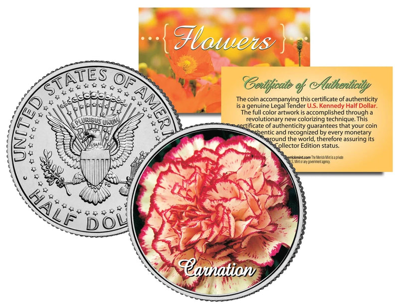 Colorized JFK half dollar coin with red carnation flower and authenticity certificate