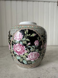 VTG Lefton Floral Japanese Vase Black Pink Roses Carnations Flowers 1980s 4.5Ó Carnation