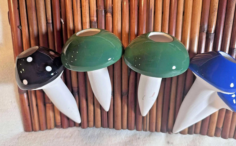 Set of ceramic mushroom planters with green caps and dark cap mini pots
