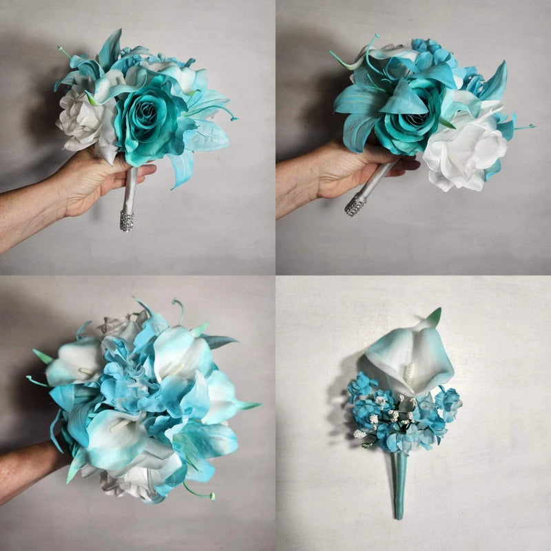 Aqua White Rose Tiger Lily Bridal Wedding Bouquet Accessories Bouquet