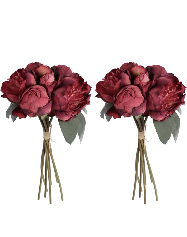 2 Bouquets Vintage Red Peony Silk Flowers Ð 14 Heads Faux Wedding Decor Peony