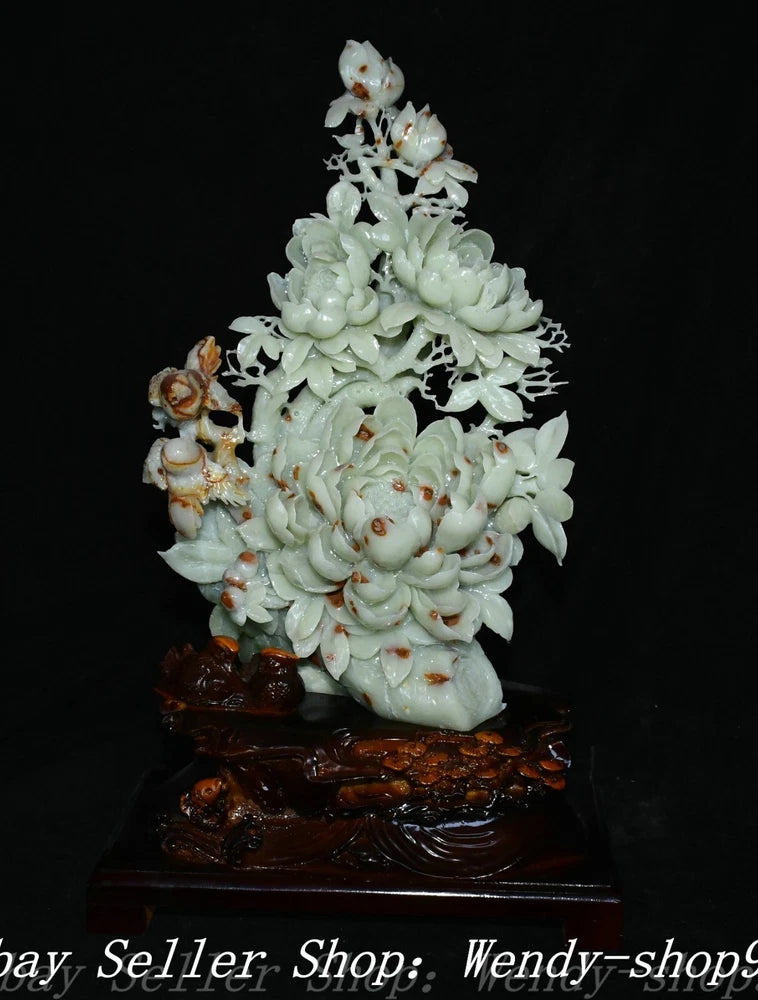 20"Exquisite Natural Xiu Jade Carve Lotus Peony Flower Bird Magpie Animal Statue Peony
