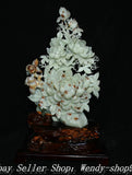 20"Exquisite Natural Xiu Jade Carve Lotus Peony Flower Bird Magpie Animal Statue Peony