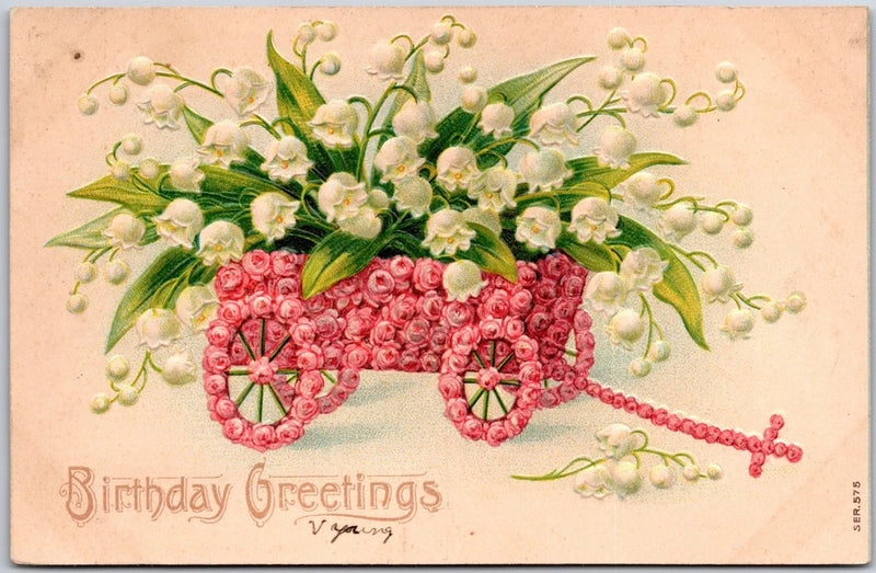 Embossed birthday postcard with flower wagon and lily-of-the-valley blooms