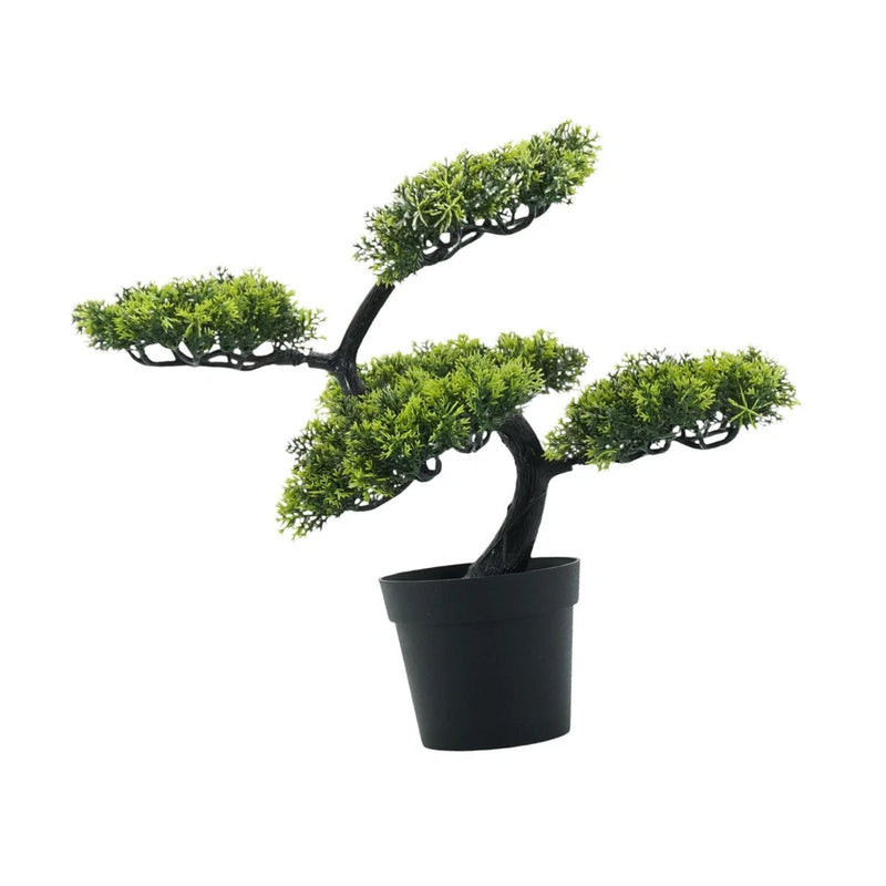 Artificial bonsai tree in black pot with green foliage