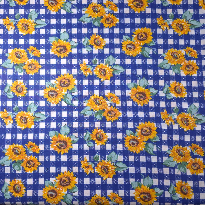 Sunflower Gingham Fabric 58" by the Yard Blue White Floral Poly Cotton Craft Flowering Plants