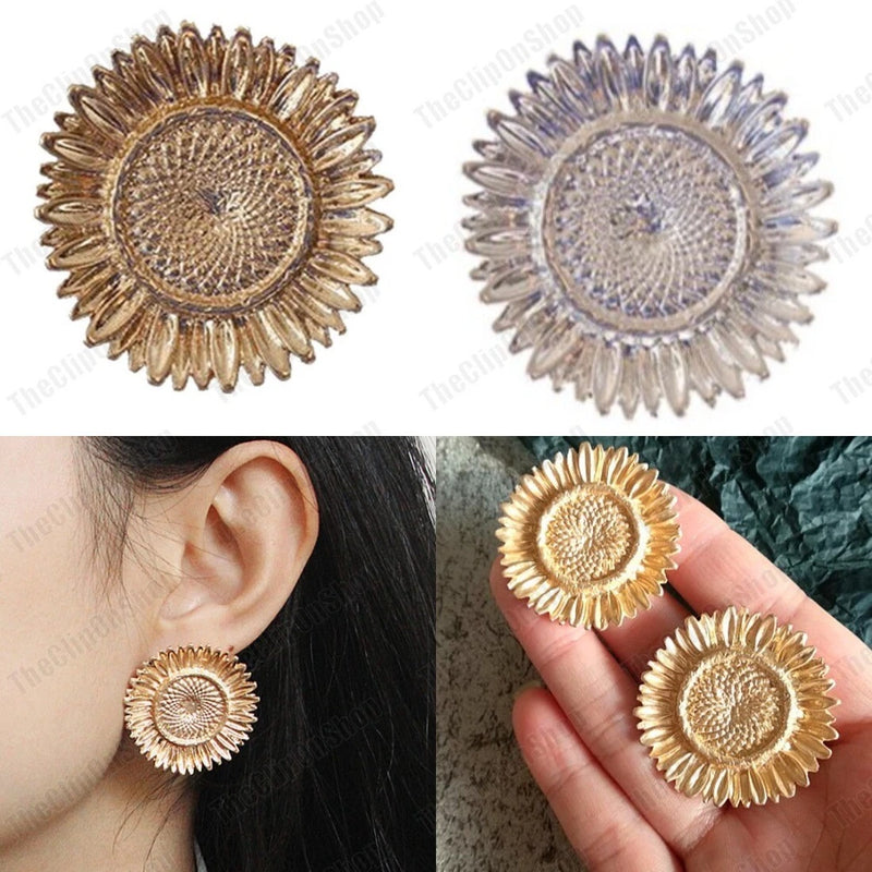 Sunflower stud earrings, retro flower design with gold and silver-tone petals