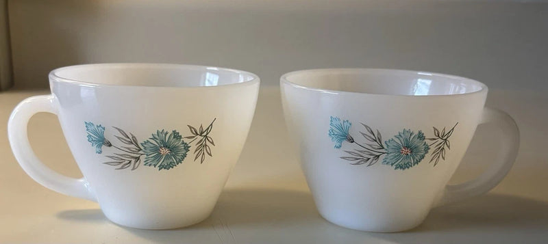 Set of 2 Vintage Fire King Bonnie Blue Carnation Flower Coffee/Tea Cups Carnation