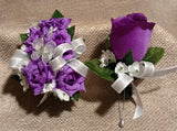 NEW 5" Artificial Purple Rose Wrist Corsage W/Butterfly, Silver Bow Purple Bout Bouquet
