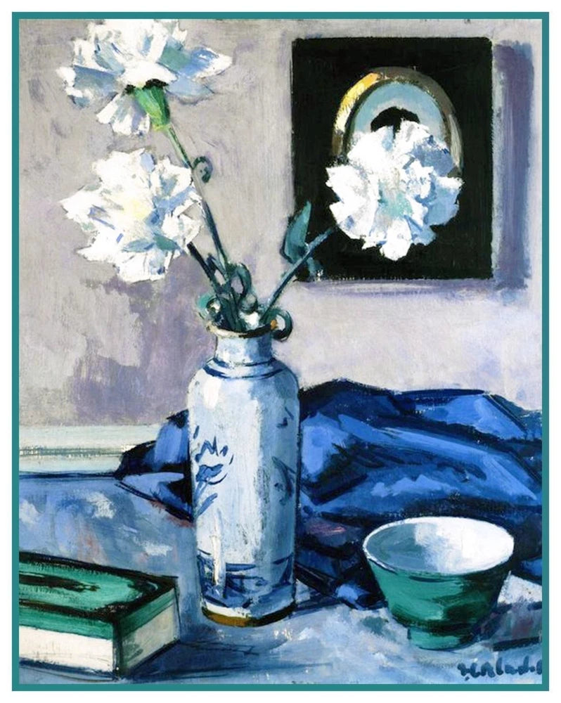 Blue carnation still life cross-stitch pattern, flowers in glass vase