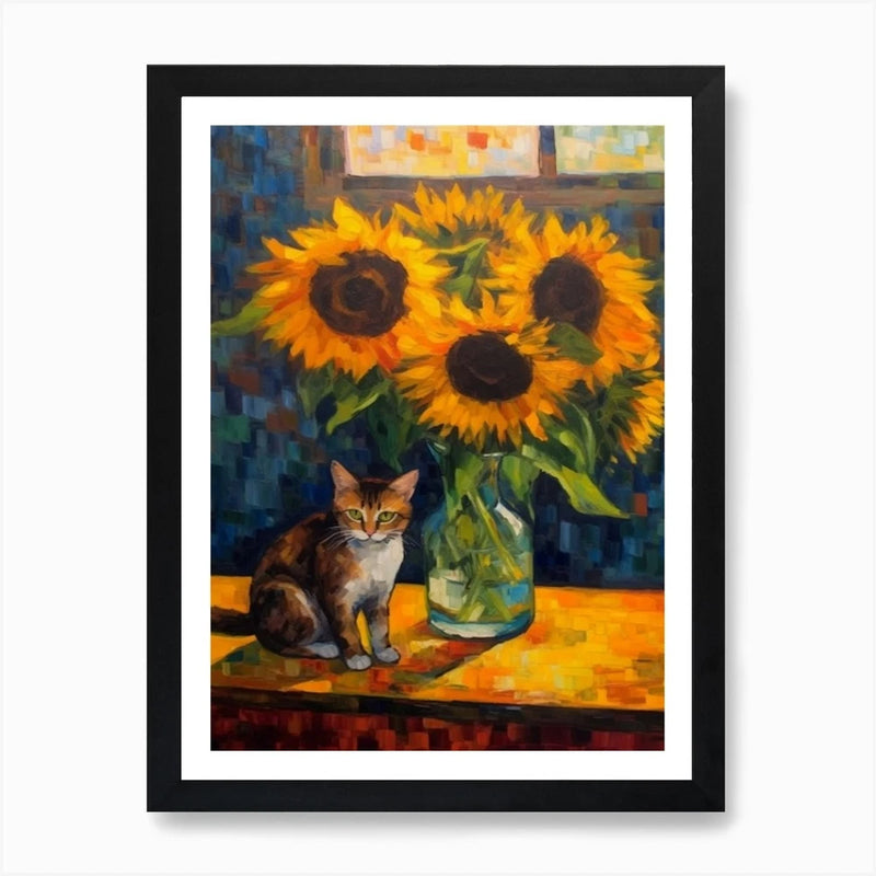 Flower Vase Sunflower With A Cat 2  Framed Wall Art Poster Canvas Print Picture Sunflower