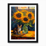 Flower Vase Sunflower With A Cat 2  Framed Wall Art Poster Canvas Print Picture Sunflower