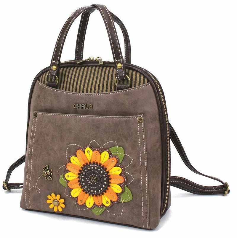 Chala convertible backpack purse in brown with sunflower applique, top handles and crossbody strap
