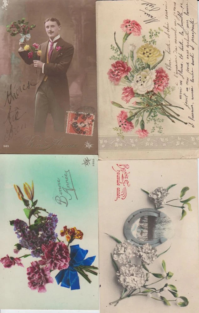Vintage flower postcards set showing bouquet illustrations and a man portrait
