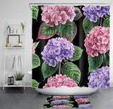 Pink and Blue Hydrangea Flower on Black Shower Curtain Set for Bathroom Decor Hydrangea
