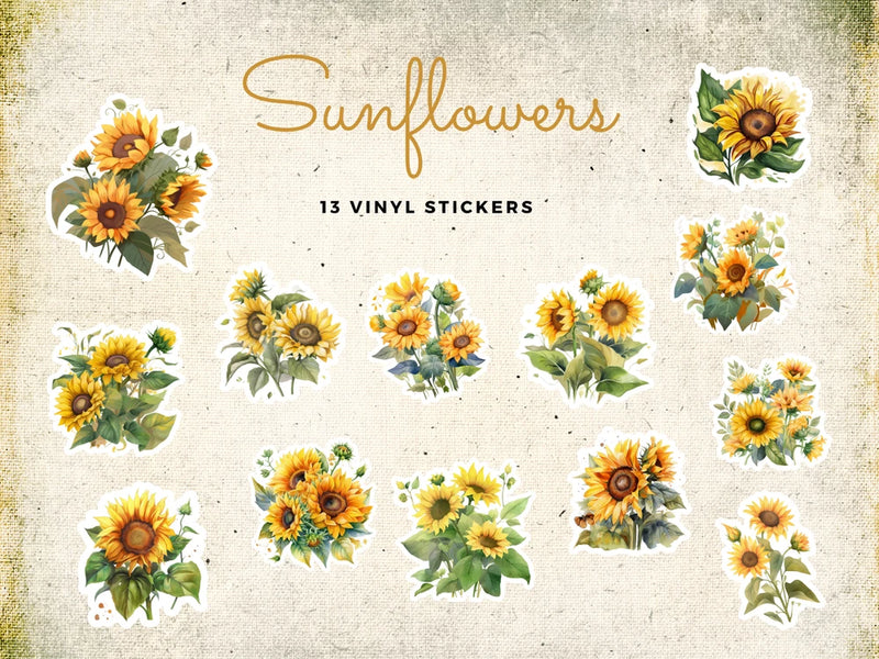 Sunflowers, Floral, Vinyl Stickers - 13 pcs Sunflower