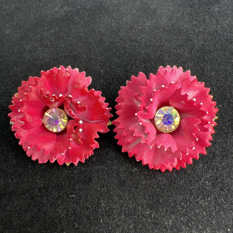 Vintage Pink Enamel & Rhinestone Flower Clip Earrings 3D Metal Carnation READ Carnation